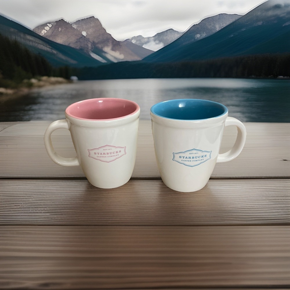 2 Starbucks Est. 1971 Abbey Logo White Pink Blue Coffee Cup 13 oz. 2006 Wedding